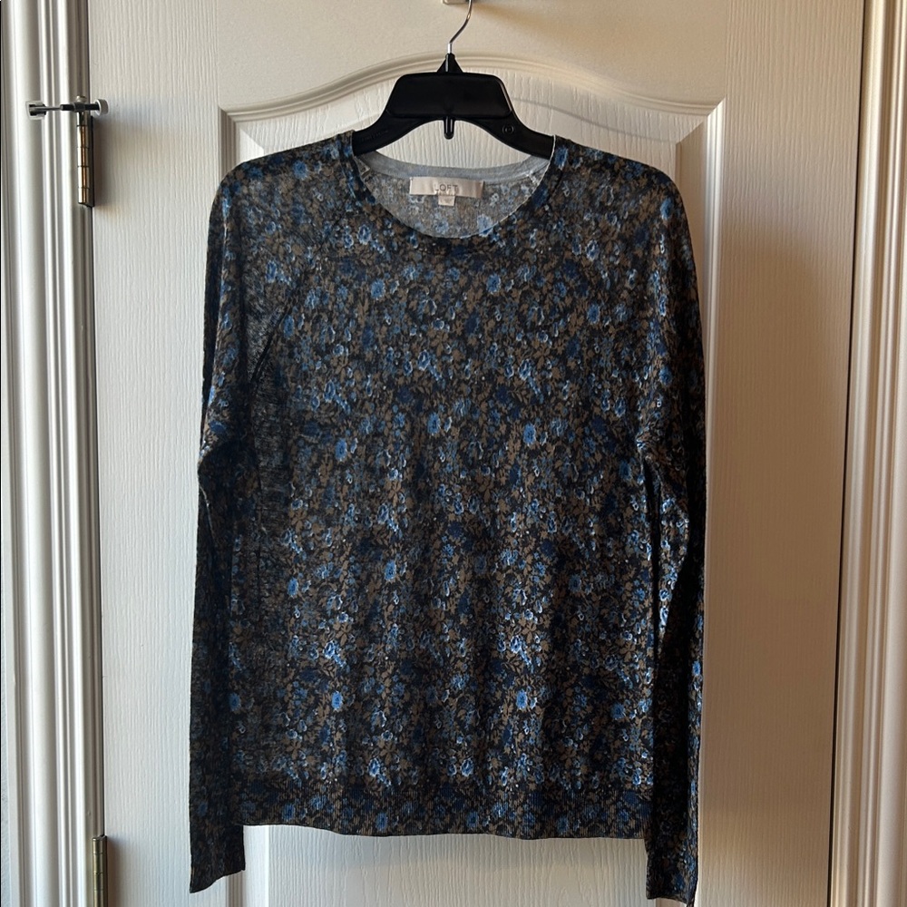 LOFT Blue and Brown Patterned Top Size Large